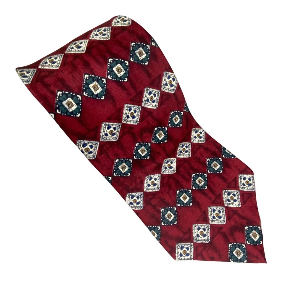 VTG Barrington Mens Red‎ Geometric Diamond Italian Silk Necktie 56x4